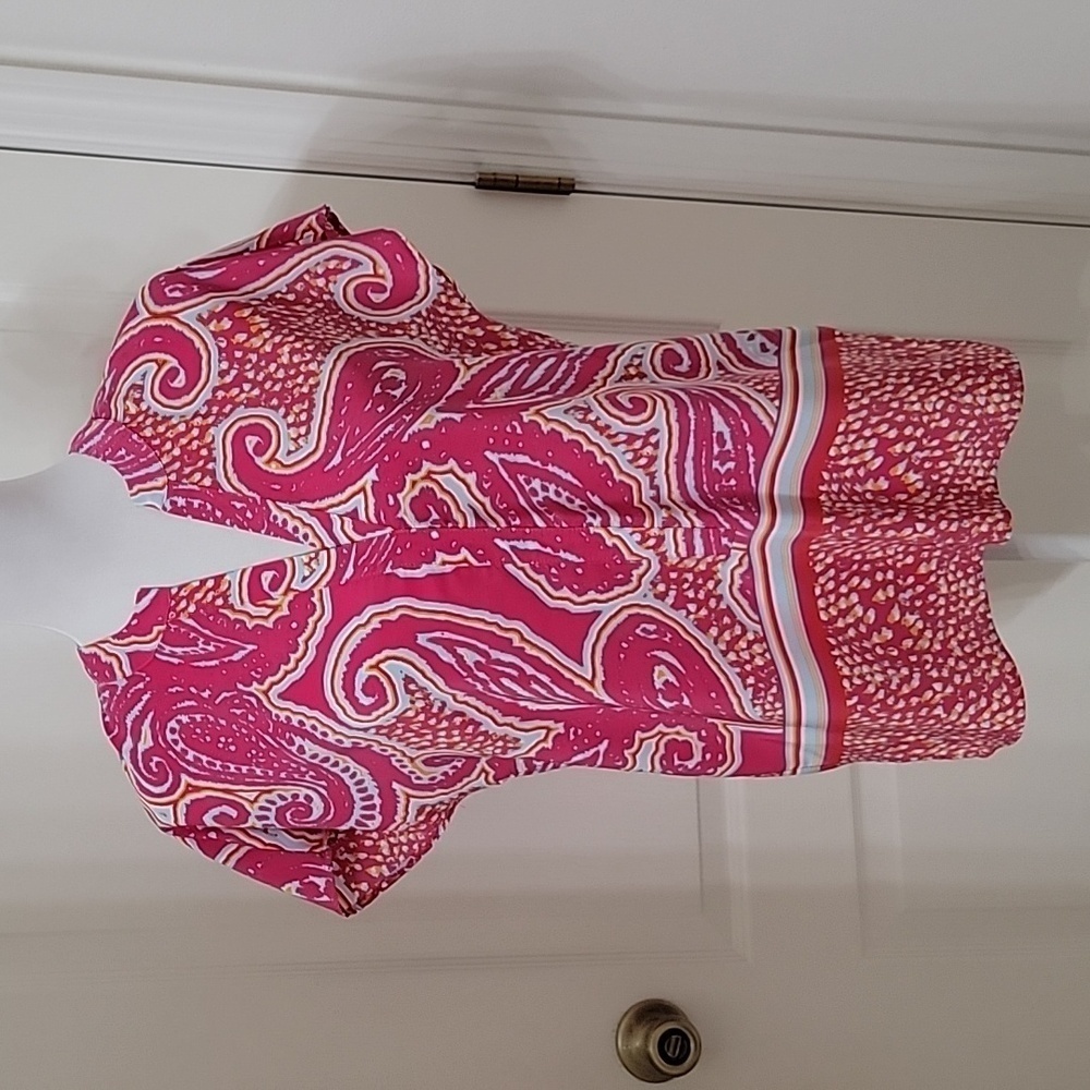 glam Size S Bright Pink, Blue and Orange Abstract Paisley Patterned Top, EUC
